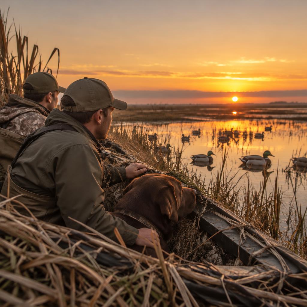 Hunters and a dog in a marsh layout blind