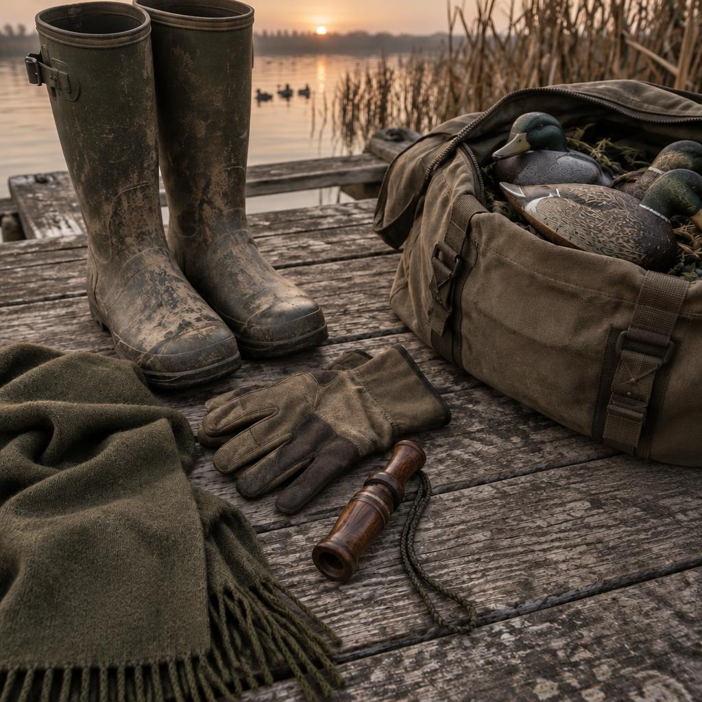 Duck hunting gear laid out on a dock