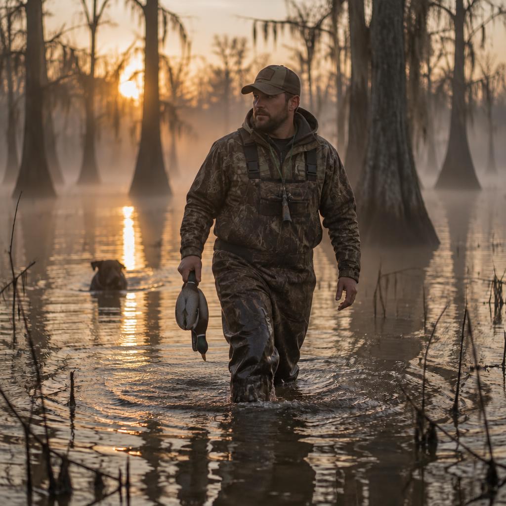 Hunter carrying decoys through flooded timber